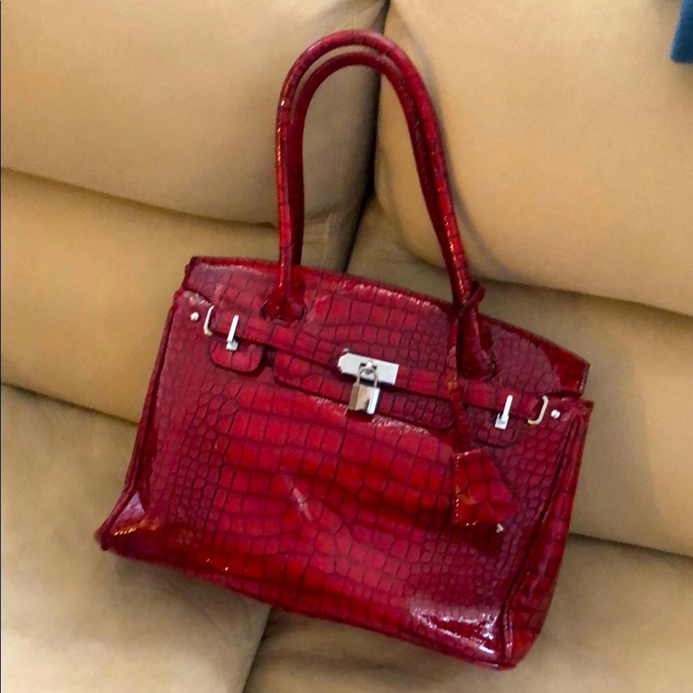 Red ( wine red) Crocodile-Embossed Satchel with Silver Hardware